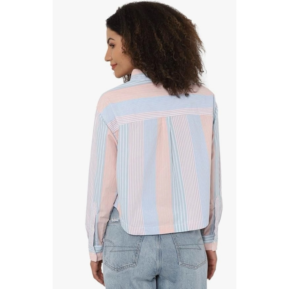 American Eagle AEO Cropped Button-Up Shirt striped pinstripe blue pink short M - Picture 5 of 9